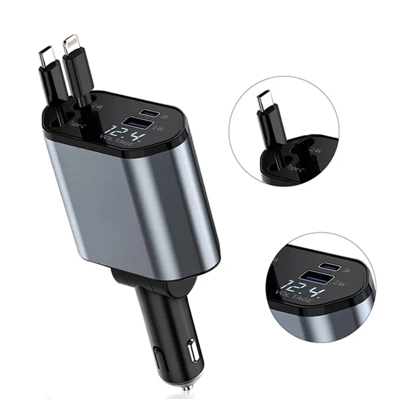 Retractable Car Charger, 4 in 1 Fast Car Phone Charger 100W, 2 Retractable Cables and USB Car Charger,Compatible with Iphone