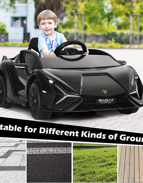 Load image into Gallery viewer, 12V Licensed Lamborghini Sian Kids Ride on Car with Parent Remote Control, Spring Suspension, MP3 Player, Electric Toy Roadster Carbon Fiber Textured for Toddler Children(Black)
