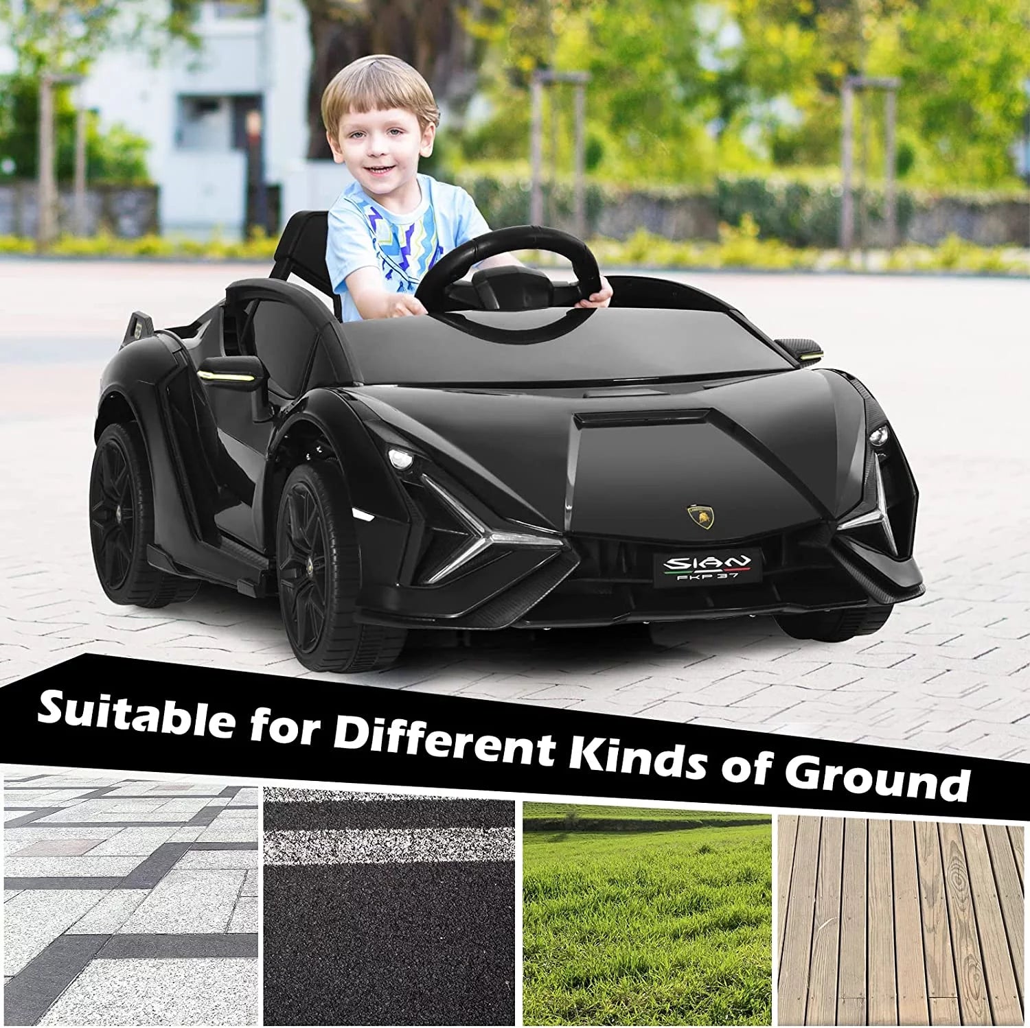 12V Licensed Lamborghini Sian Kids Ride on Car with Parent Remote Control, Spring Suspension, MP3 Player, Electric Toy Roadster Carbon Fiber Textured for Toddler Children(Black)