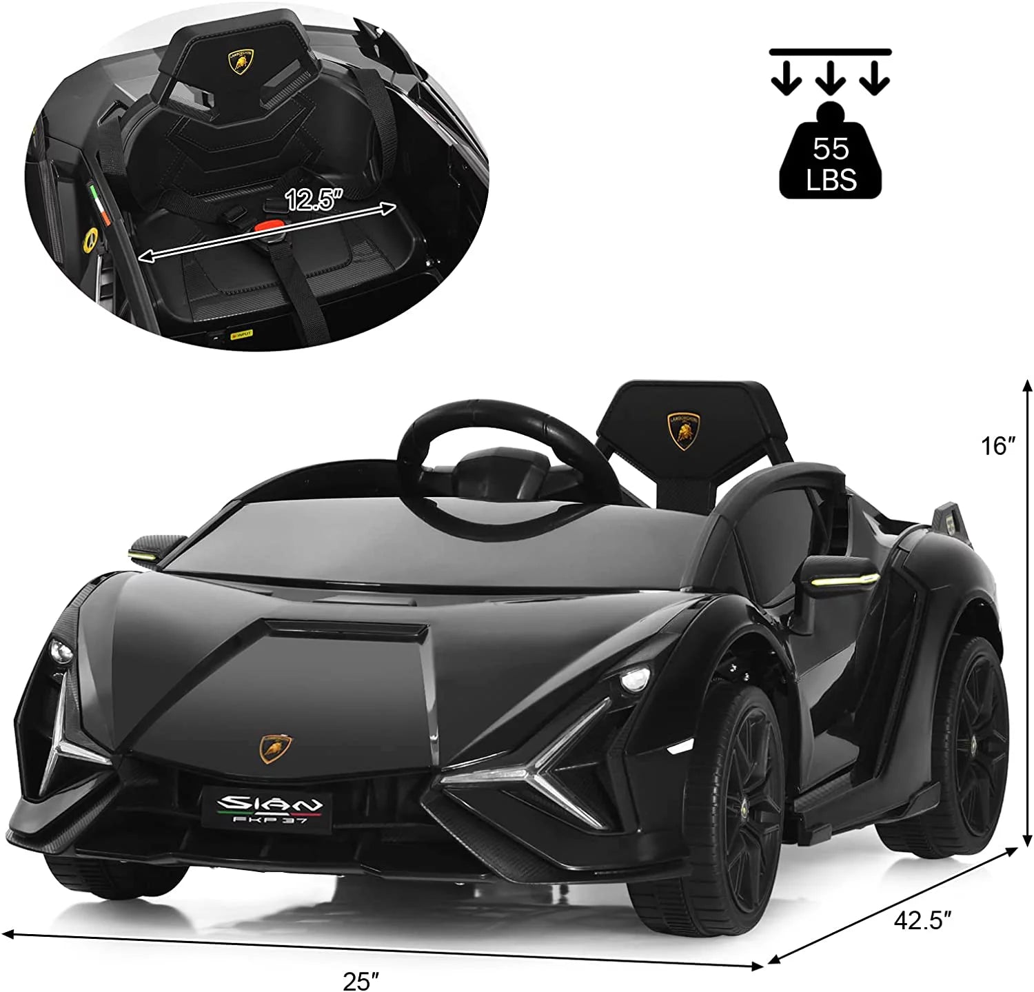 12V Licensed Lamborghini Sian Kids Ride on Car with Parent Remote Control, Spring Suspension, MP3 Player, Electric Toy Roadster Carbon Fiber Textured for Toddler Children(Black)