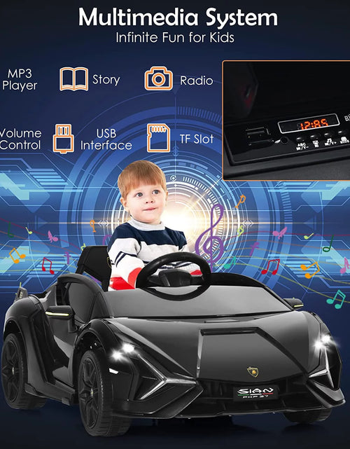 Load image into Gallery viewer, 12V Licensed Lamborghini Sian Kids Ride on Car with Parent Remote Control, Spring Suspension, MP3 Player, Electric Toy Roadster Carbon Fiber Textured for Toddler Children(Black)
