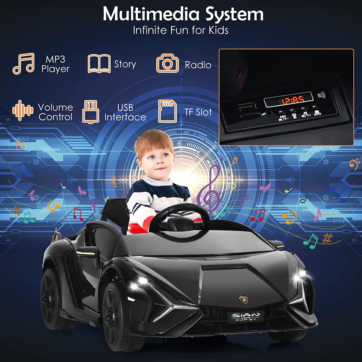 12V Licensed Lamborghini Sian Kids Ride on Car with Parent Remote Control, Spring Suspension, MP3 Player, Electric Toy Roadster Carbon Fiber Textured for Toddler Children(Black)