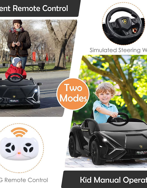 Load image into Gallery viewer, 12V Licensed Lamborghini Sian Kids Ride on Car with Parent Remote Control, Spring Suspension, MP3 Player, Electric Toy Roadster Carbon Fiber Textured for Toddler Children(Black)
