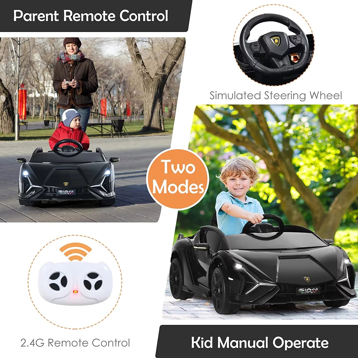 12V Licensed Lamborghini Sian Kids Ride on Car with Parent Remote Control, Spring Suspension, MP3 Player, Electric Toy Roadster Carbon Fiber Textured for Toddler Children(Black)